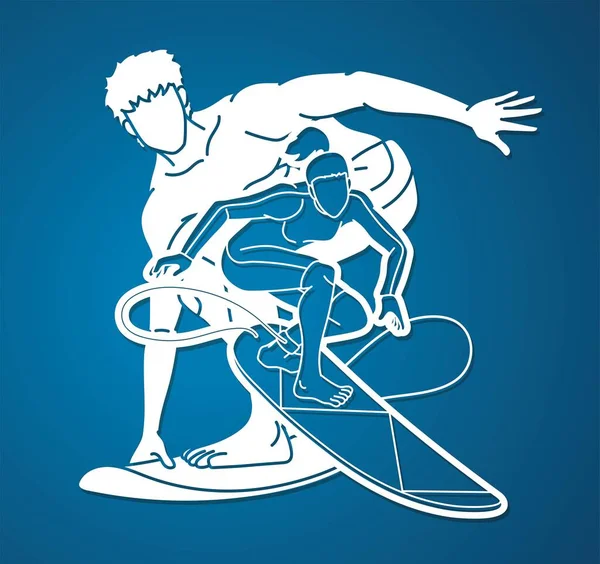 Grupp Surfare Action Surfing Sport Spelare Tecknad Grafisk Vektor — Stock vektor
