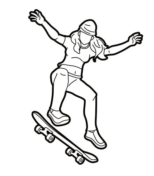 スケートボードプレーヤーエクストリームスポーツスケートボーダーアクション漫画グラフィックベクター — ストックベクタ