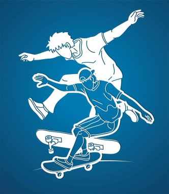 Kaykaycı Birlikte Oynayan Kaykay Oyuncuları Grubu Ekstrem Spor Eylemi Çizgi Filmi Grafik Vektörü