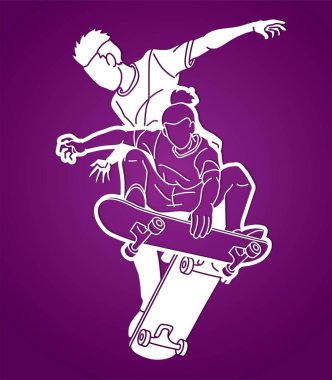 Kaykaycı Birlikte Oynayan Kaykay Oyuncuları Grubu Ekstrem Spor Eylemi Çizgi Filmi Grafik Vektörü