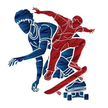 Kaykaycı Birlikte Oynayan Kaykay Oyuncuları Grubu Ekstrem Spor Eylemi Çizgi Filmi Grafik Vektörü