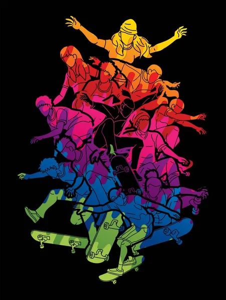 スケートボード選手のグループで一緒に遊ぶ極端なスポーツアクション漫画グラフィックベクトル — ストックベクタ