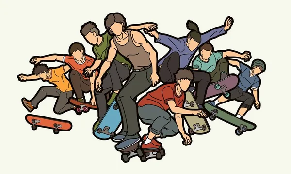 滑板手 滑板手 滑板手 极限运动动作卡通人物 图形向量 — 图库矢量图片