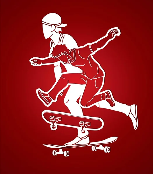 Deskorolkarz Gra Razem Grupa Skateboardzistów Extreme Sport Action Cartoon Graphic — Wektor stockowy