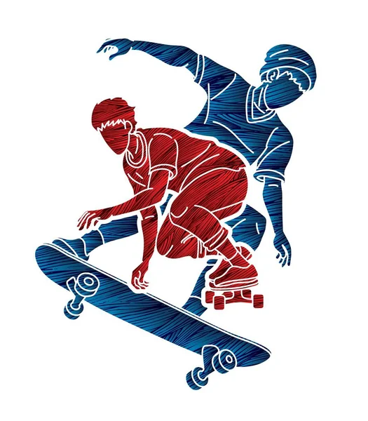 Skateboarder Giocare Insieme Gruppo Giocatori Skateboard Estremo Sport Azione Fumetto — Vettoriale Stock