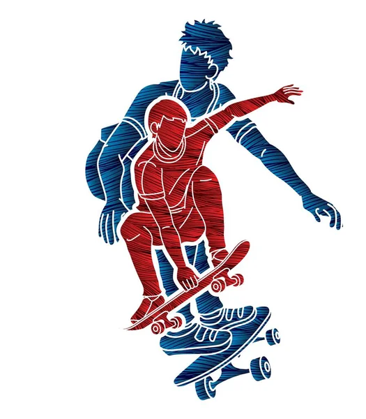 Skateboarder Παίζοντας Μαζί Ομάδα Skateboard Παίκτες Extreme Sport Δράση Cartoon — Διανυσματικό Αρχείο