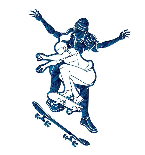 Skateboarder Jouer Ensemble Groupe Joueurs Skateboard Action Sport Extrême Dessin — Image vectorielle