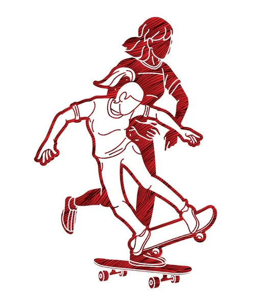 Skateboarder Jugando Juntos Grupo Jugadores Skateboard Extreme Sport Acción Dibujos — Vector de stock