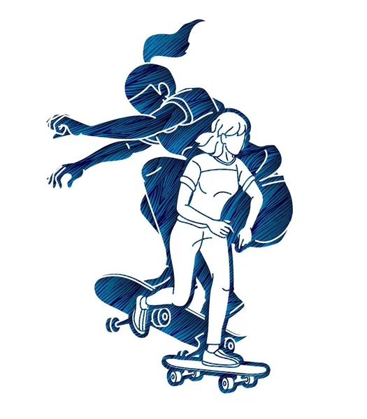 Skateboarder Jouer Ensemble Groupe Joueurs Skateboard Action Sport Extrême Dessin — Image vectorielle