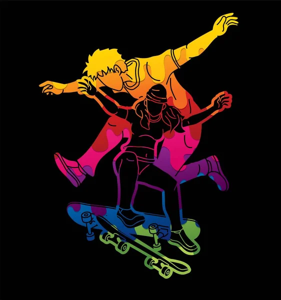 Deskorolkarz Gra Razem Grupa Skateboardzistów Extreme Sport Action Cartoon Graphic — Wektor stockowy