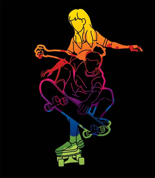 Skateboarder Jugando Juntos Grupo Jugadores Skateboard Extreme Sport Acción Dibujos — Vector de stock