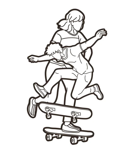 Skateboarder Jugando Juntos Grupo Jugadores Skateboard Extreme Sport Acción Dibujos — Vector de stock