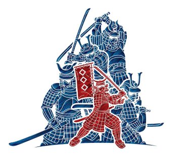 Bir grup Samuray Savaşçısı Silah Ronin Eylemi Çizgi film Grafik Vektörüyle Savaşmaya Hazır