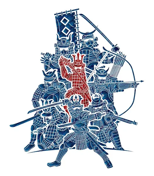 Группа Самурайского Воина Оружием Ронин Готова Бороться Карикатурным Графическим Вектором — стоковый вектор