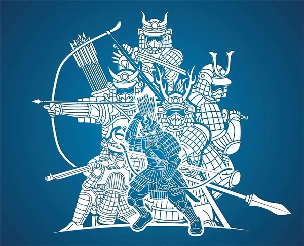Група Самурайського Воїна Зброєю Ронін Готовий Боротися Картуном Графічний Вектор — стоковий вектор