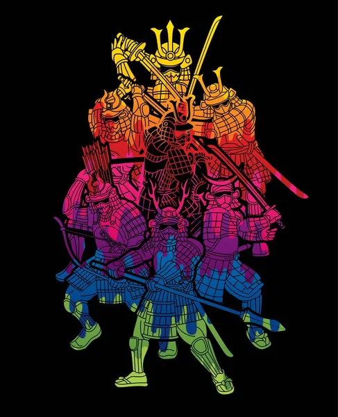 Группа Самурайского Воина Оружием Ронин Готова Бороться Карикатурным Графическим Вектором — стоковый вектор