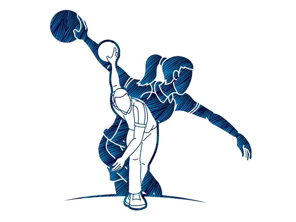 Skupina Bowling Sport Hráči Bowler Akční Karikatura Grafický Vektor — Stockový vektor