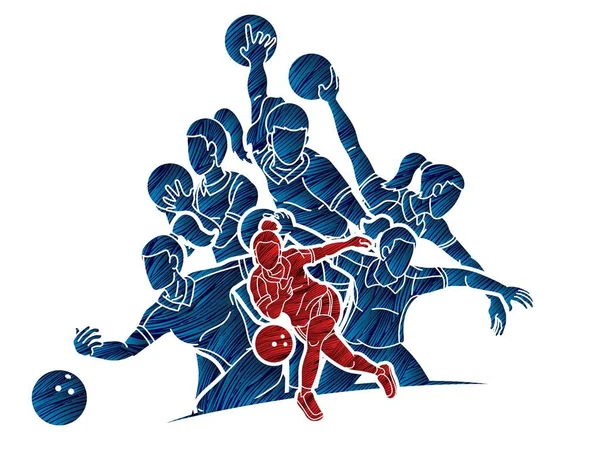 Groupe Joueurs Bowling Sport Bowler Action Cartoon Graphic Vector — Image vectorielle