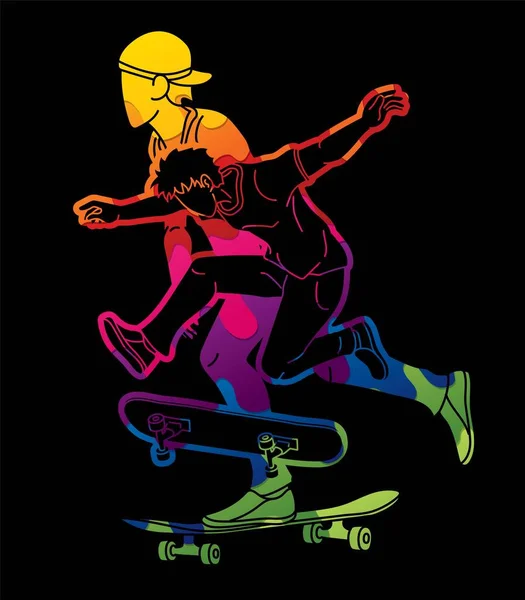 滑板一起玩滑板的人小组滑板手行动极限运动卡通图形矢量 — 图库矢量图片
