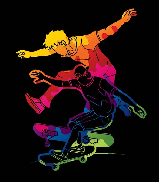 Grupo Personas Jugando Skateboard Juntos Skateboarder Acción Extreme Sport Cartoon — Vector de stock