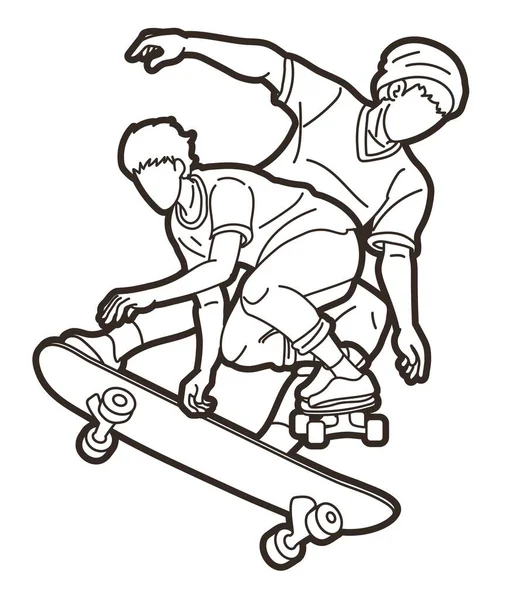 Groupe Personnes Jouant Skateboard Ensemble Skateboarder Action Extreme Sport Cartoon — Image vectorielle