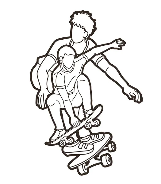 Group People Playing Skateboard Together Skatebodder Action Extreme Sport Cartoon — 스톡 벡터