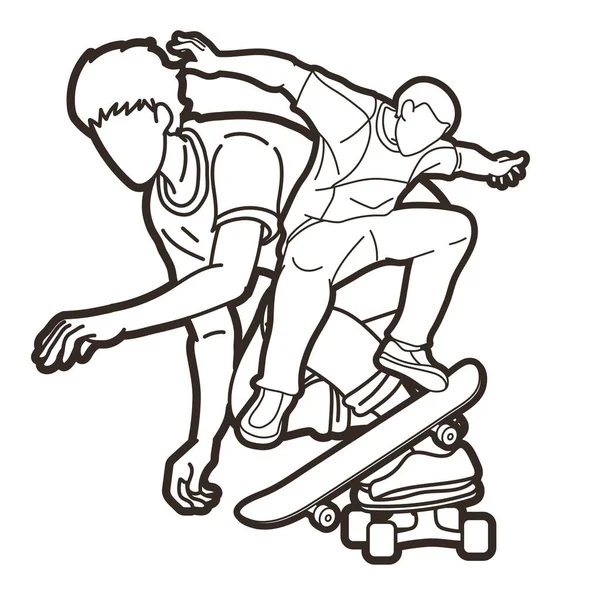 Group People Playing Skateboard Together Skatebodder Action Extreme Sport Cartoon — 스톡 벡터