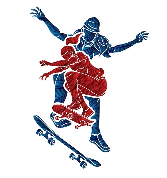 Група Людей Грають Скейтборд Разом Скейтбордист Екстремальний Спорт Мультфільм Графічний — стоковий вектор