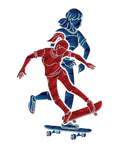 Grupo Personas Jugando Skateboard Juntos Skateboarder Acción Extreme Sport Cartoon — Vector de stock