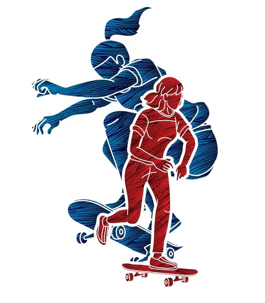 Skupina Lidí Hraje Skateboard Spolu Skateboarder Akce Extrémní Sport Karikatura — Stockový vektor