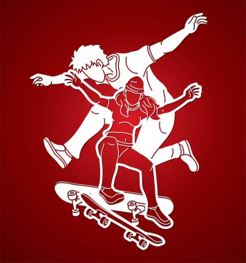 Kaykaycı Grubu Birlikte Kaykay Oynuyor Ekstrem Spor Çizgi Filmi Grafik Vektörü