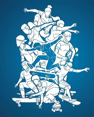 Kaykaycı Grubu Birlikte Kaykay Oynuyor Ekstrem Spor Çizgi Filmi Grafik Vektörü