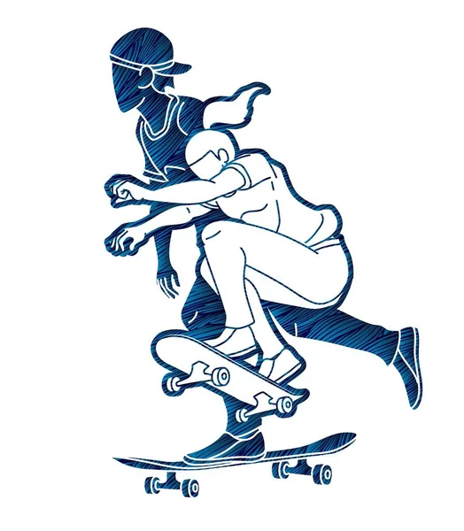 Gruppe Von Skateboardern Die Zusammen Skateboard Spielen Extremsport Cartoon Graphic — Stockvektor