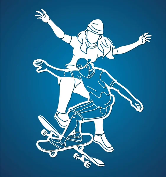 滑板手小组一起玩滑板极限运动卡通图形矢量 — 图库矢量图片