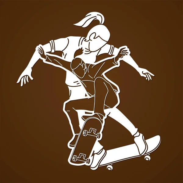 Gruppe Von Skateboardern Die Zusammen Skateboard Spielen Extremsport Cartoon Graphic — Stockvektor