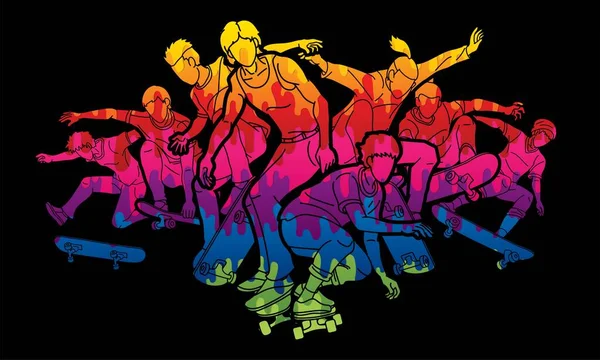 Grupo Skateboarder Jugando Skateboard Together Extreme Sport Cartoon Vector Gráfico — Vector de stock