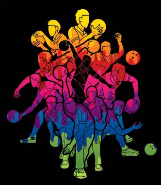 Bowling Spor Oyuncuları Bowlingçi Eylem Çizgi Filmi Grafik Vektörü