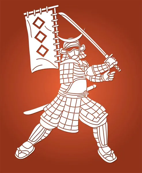 Samurai Guerrero Ronin Con Armadura Arma Japonesa Acción Combate Vector — Vector de stock