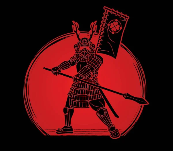 Samurai Warrior Ronin Met Armor Weapon Japanse Fighter Action Cartoon — Stockvector