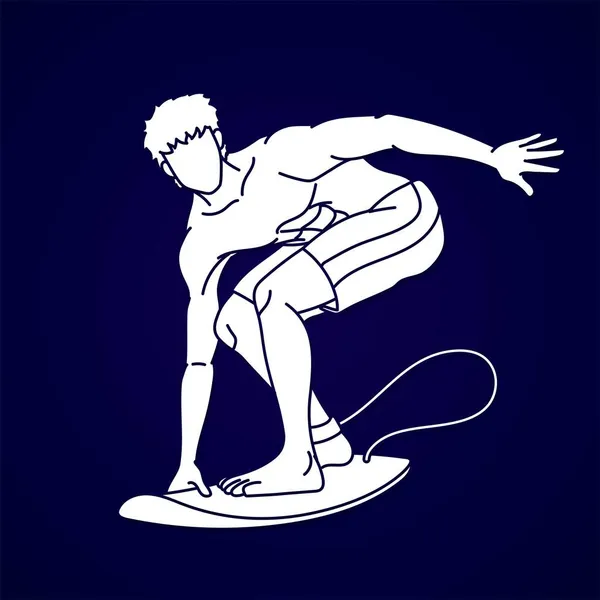 男性サーファーサーフィンスポーツアクション漫画グラフィックベクター — ストックベクタ