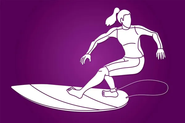 Kobieta Surfer Surfing Sport Action Cartoon Graficzny Wektor — Wektor stockowy