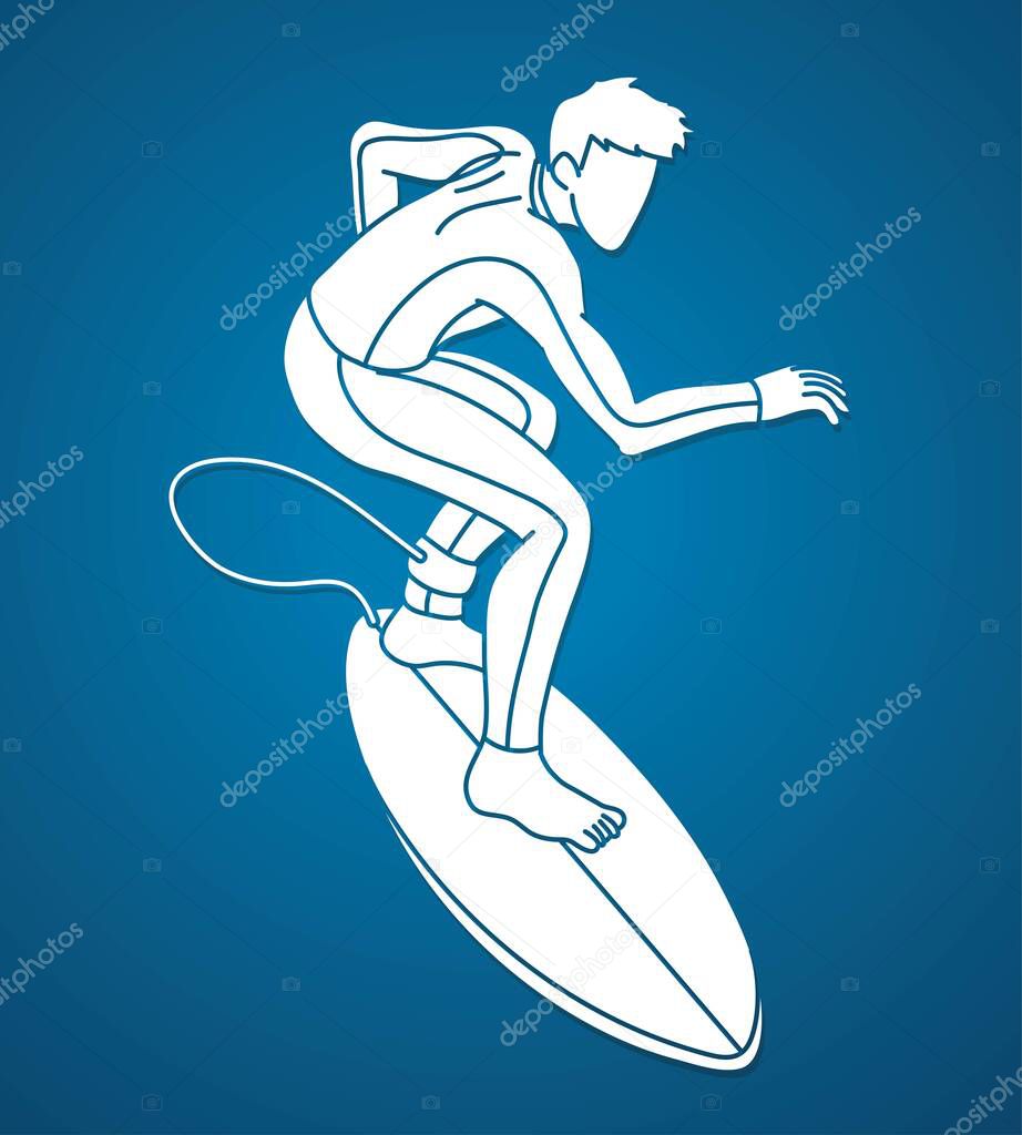 Man Surfer Surfing Sport Action Cartoon Graphic Vector