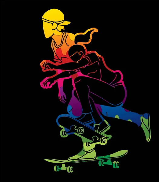 Skateboarder Acción Jugadores Skate Extreme Sport Cartoon Graphic Vector — Vector de stock