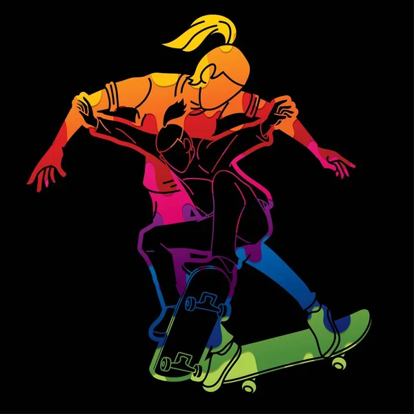 Skateboarder Acción Jugadores Skate Extreme Sport Cartoon Graphic Vector — Vector de stock