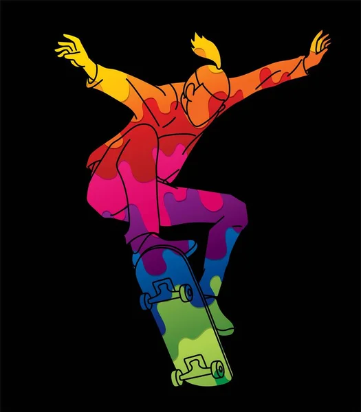 滑板玩家动作极限运动滑板卡通人物图形向量 — 图库矢量图片