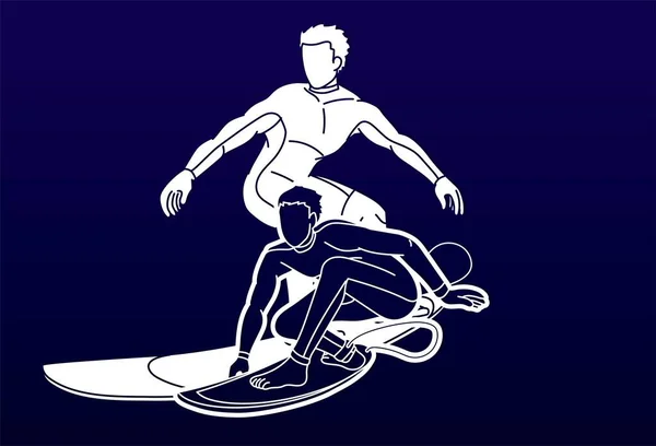 Surfer Actie Surfen Sport Spelers Tekenfilm Grafische Vector — Stockvector
