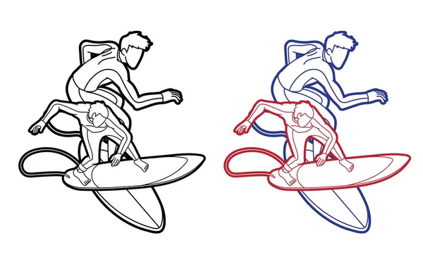 Surfer Acción Surf Deporte Jugadores Dibujos Animados Vector Gráfico — Archivo Imágenes Vectoriales