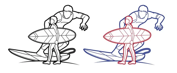 Surfer Acción Surf Deporte Jugadores Dibujos Animados Vector Gráfico — Archivo Imágenes Vectoriales