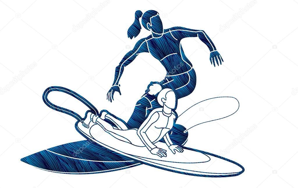 Women Surfer Action Surfing Sport Players Cartoon Graphic Vector