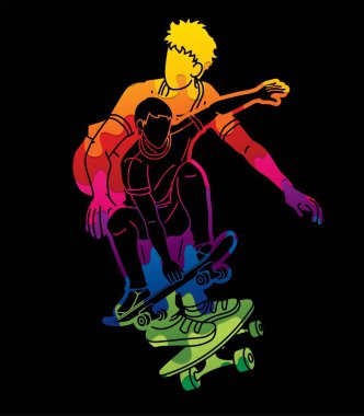 Kaykay Oynayan İnsanlar Grubu Ekstrem Spor Kaykaycısı Eylem Çizgi Filmi Grafik Vektörü